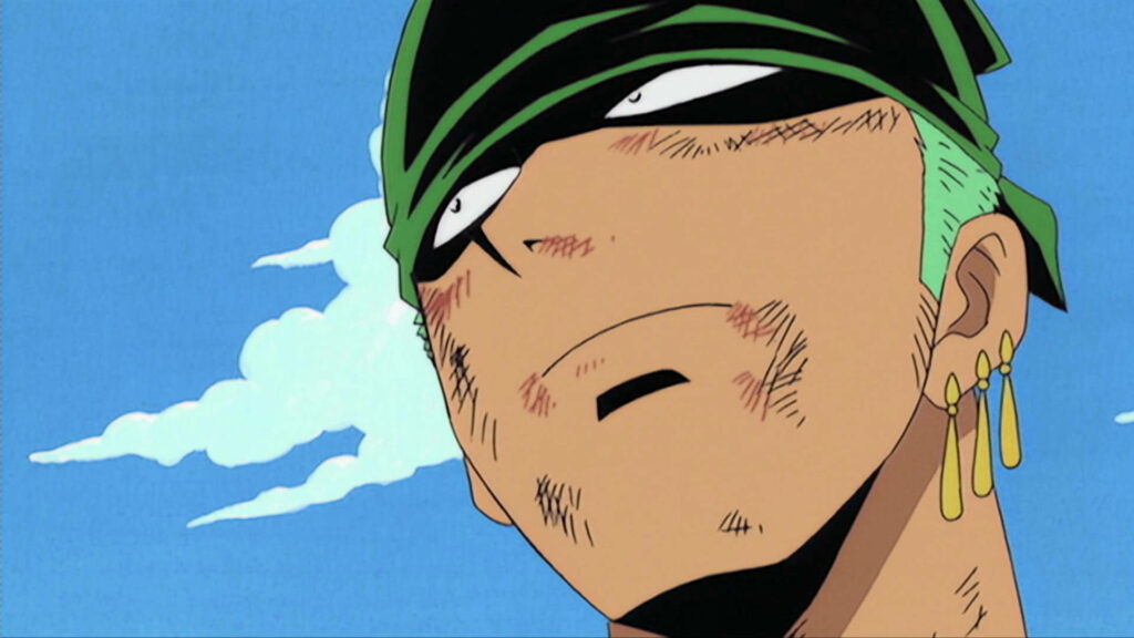 Dynamic Roronoa Zoro Wallpaper: Swordsman in a Bright Blue Sky