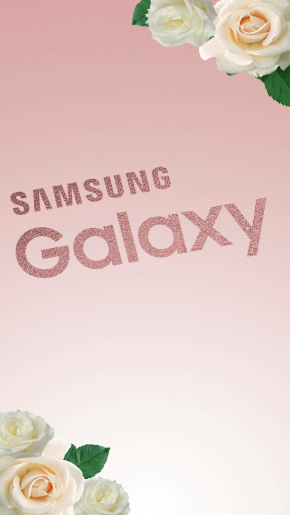 Floral Splendor: Samsung Galaxy Rose Gold Wallpaper with Glitter Logo and White Roses Background
