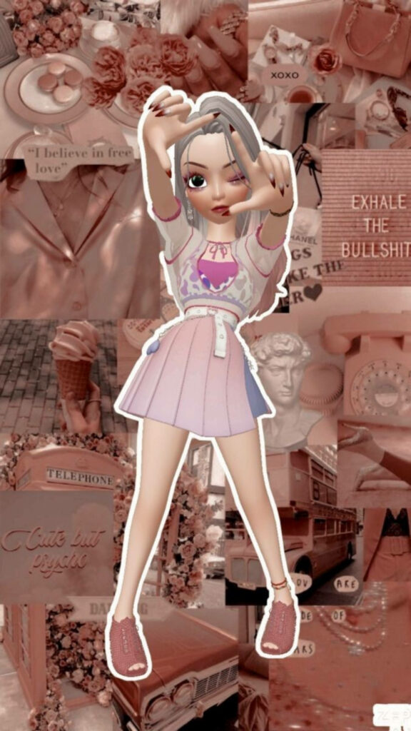 Zepeto Chic: A Stylish Journal Backdrop with Rose Gold Collage Design Featuring a Fashionable Girl in a Trendy Dress and Pink Sandals Wallpaper
