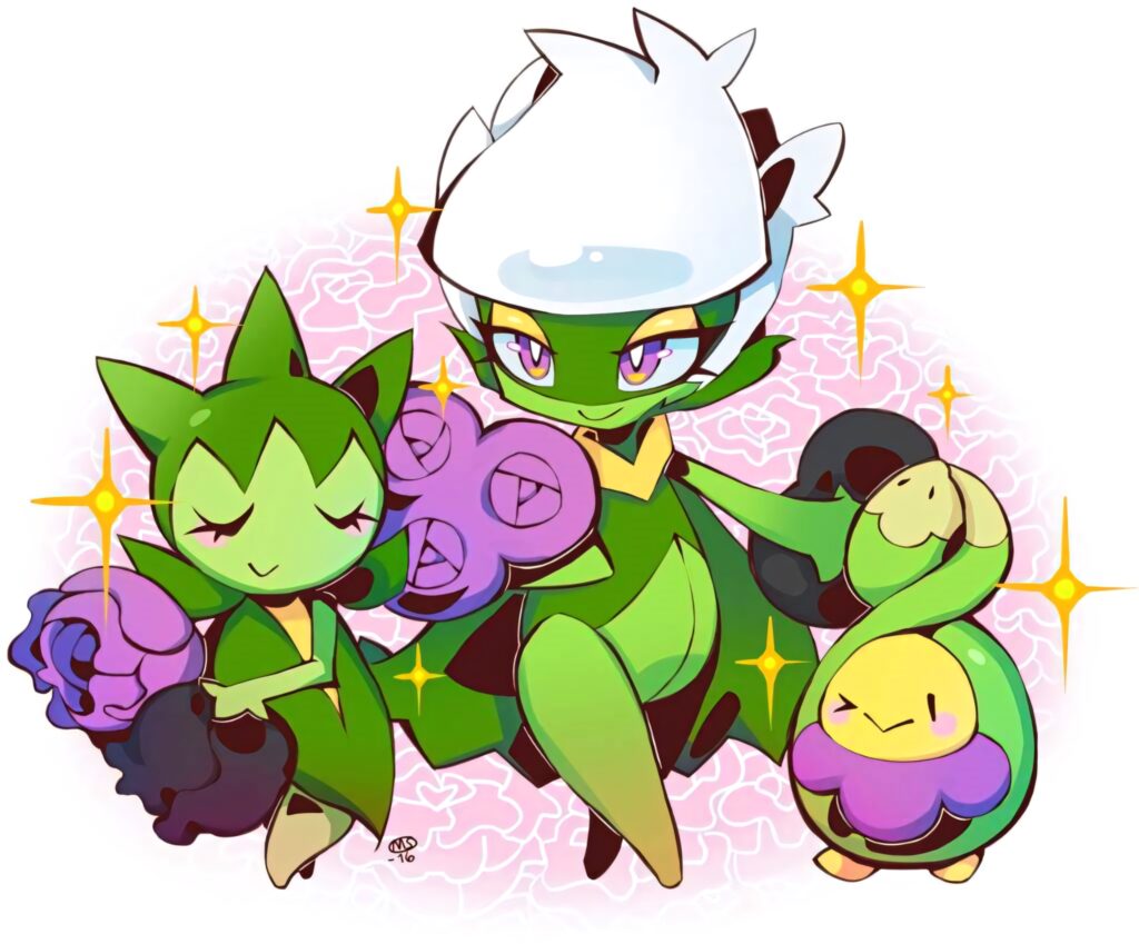 Anime-style Roselia Roserade and Budew with sparkling purple roses vibrant Pokémon wallpaper