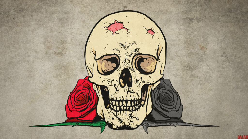 Floral Grunge: A Stylish iPhone Wallpaper with Skull and Roses