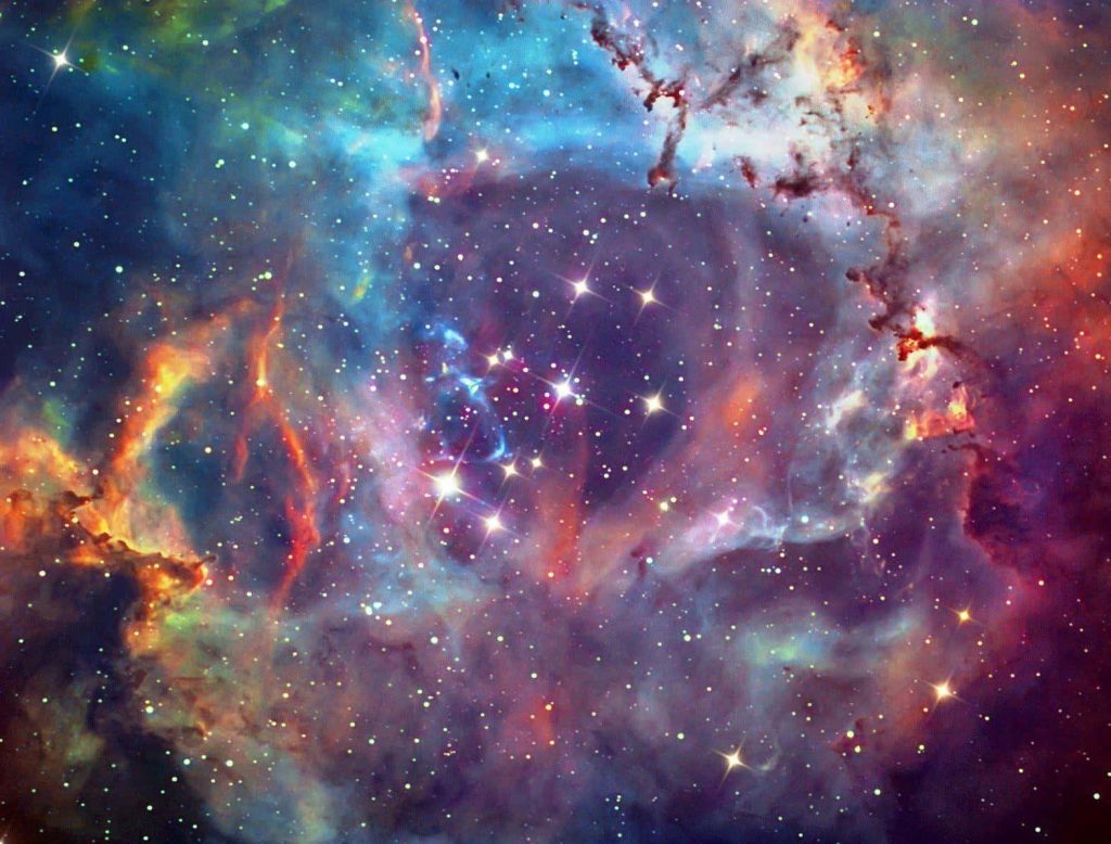 High-resolution Rosette Nebula astrophotography with vibrant purple blue orange gas clouds and stars Wallpaper