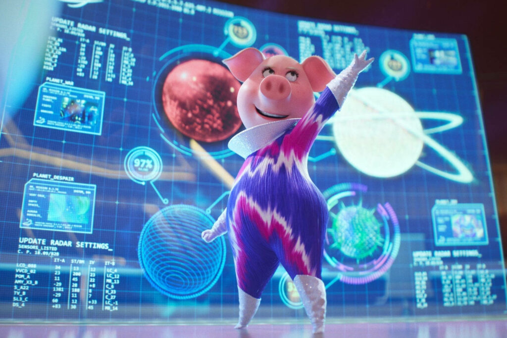 Vibrant Rosita from Sing 2 Wallpaper with Futuristic Planetary Visuals