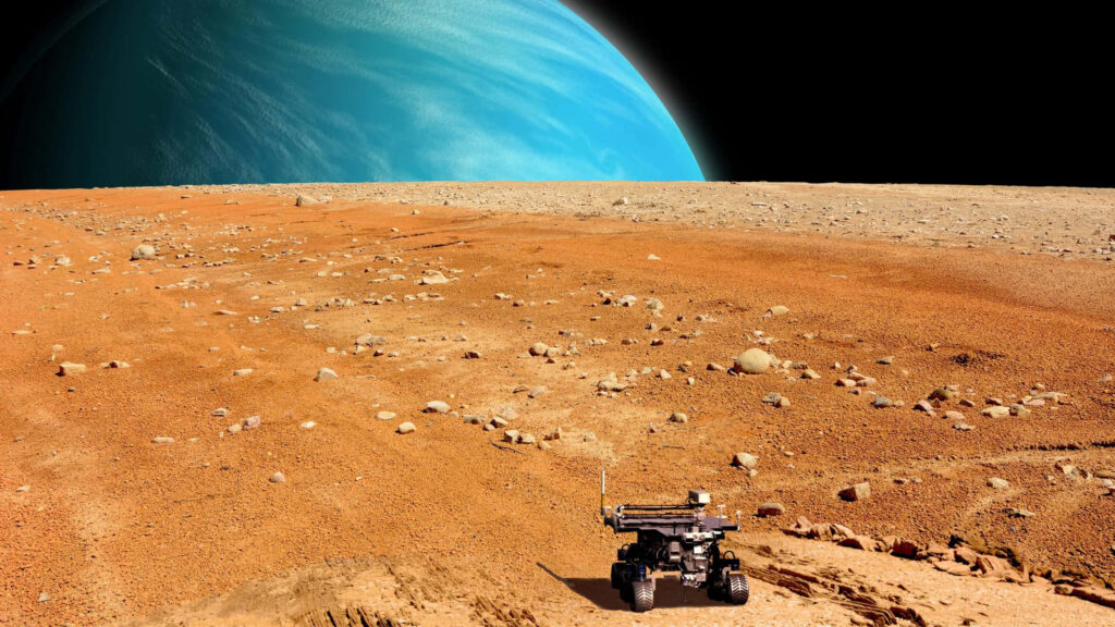 Martian Rover in Rocky Terrain: Cosmic Sky & Glowing Planet Wallpaper