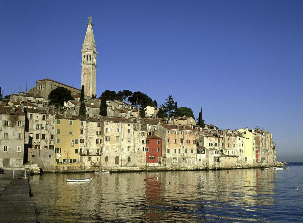 Scenic Rovinj Fishing Port Croatia colorful historic buildings church tower reflected sea wallpaper