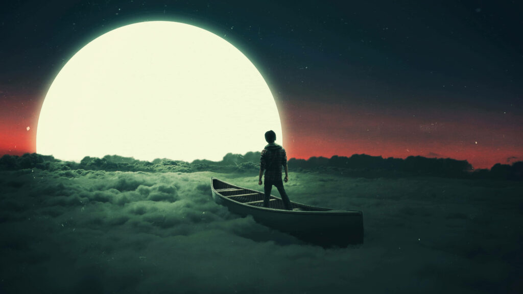 Lone figure in canoe on clouds under glowing full moon surreal digital art wallpaper background