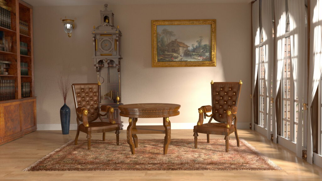 Regal sitting room with tufted brown leather armchairs wooden table and grandfather clock in 4K CGI Wallpaper
