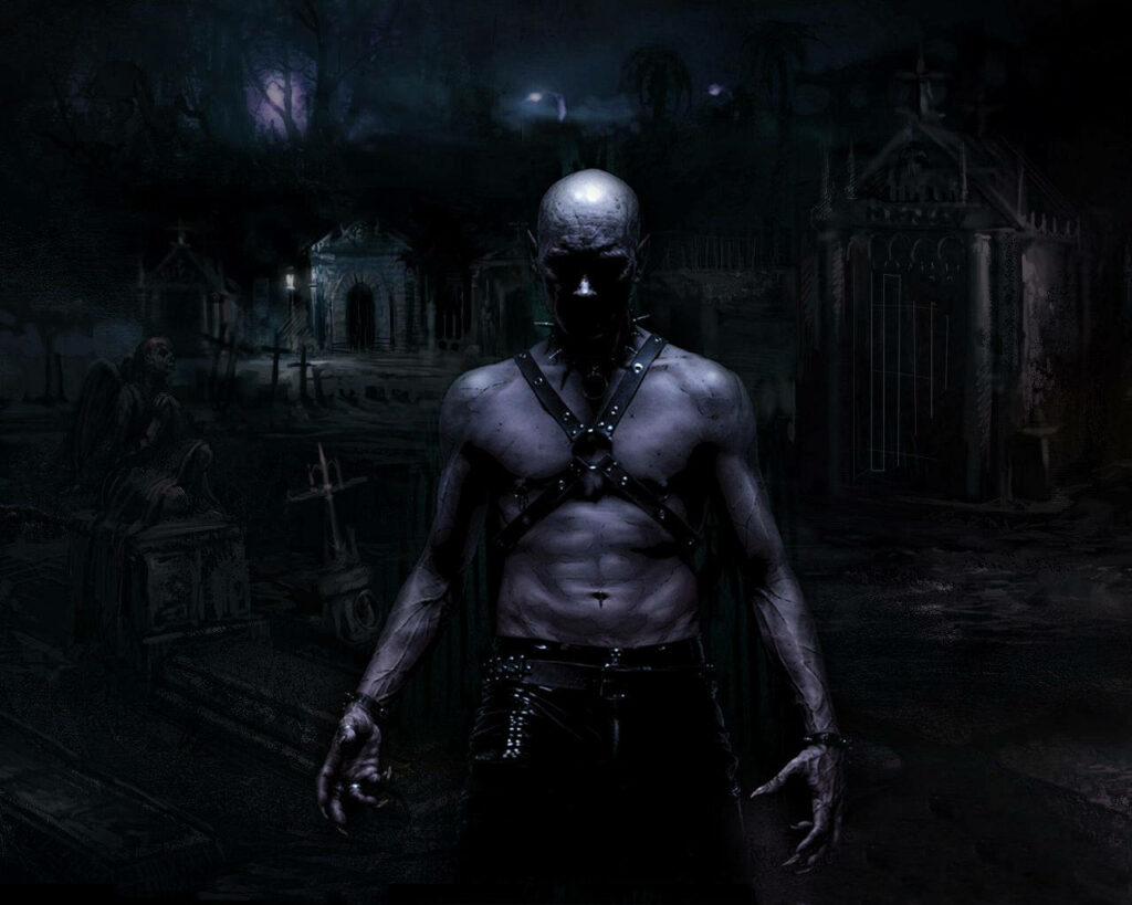 Menacing vampire Nosferatu in ancient cemetery with moonlight and elaborate tombs wallpaper background