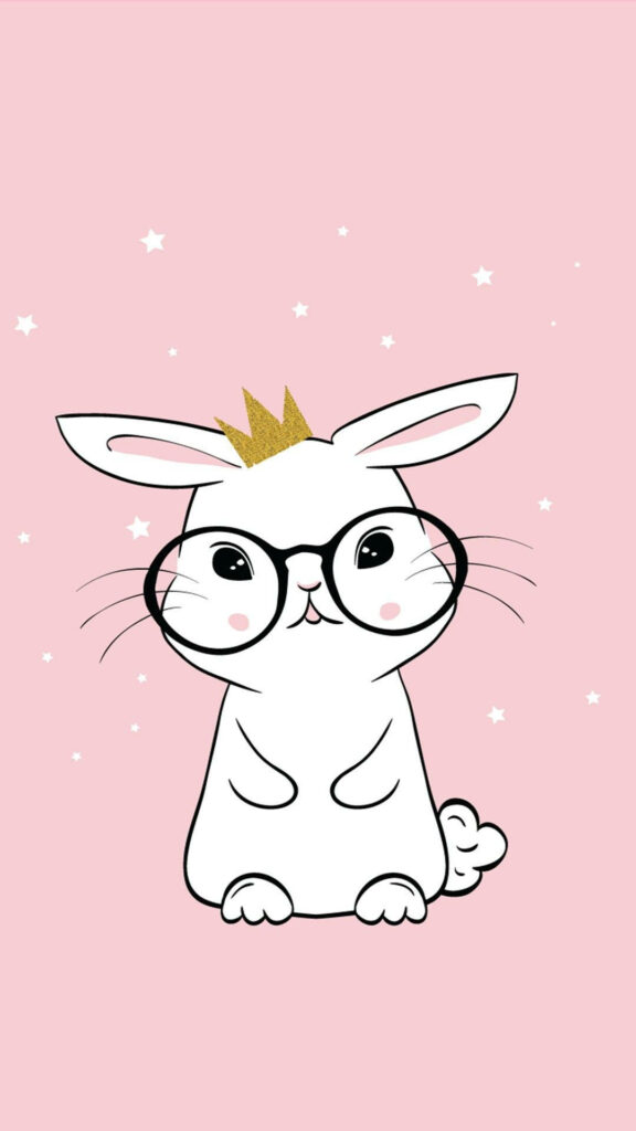 Regal Vision: A Delightfully Charming White Rabbit Adorned with Glasses and a Crown on a Soft Pink Canvas Wallpaper