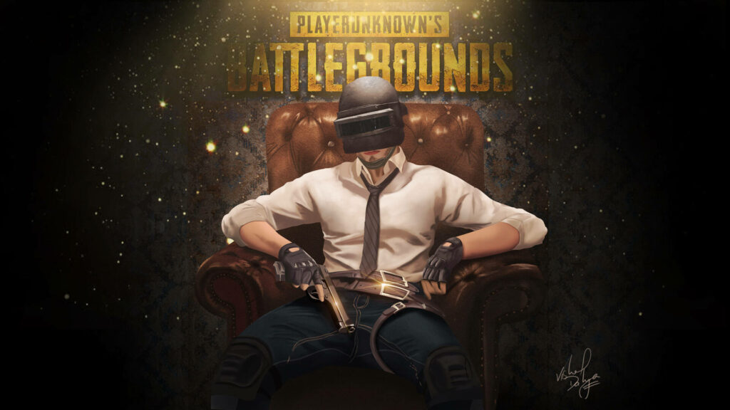 Battle-hardened PUBG survivor in Level 3 helmet on leather throne with pistol and logo backdrop Wallpaper