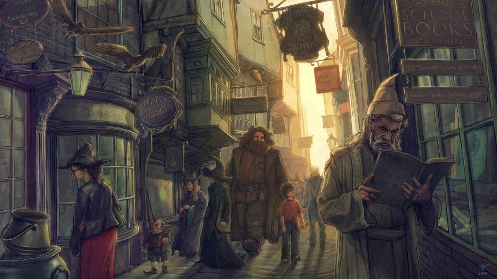Rubeus Hagrid guides Harry Potter through a lively sunlit Diagon Alley with iconic shops Wallpaper
