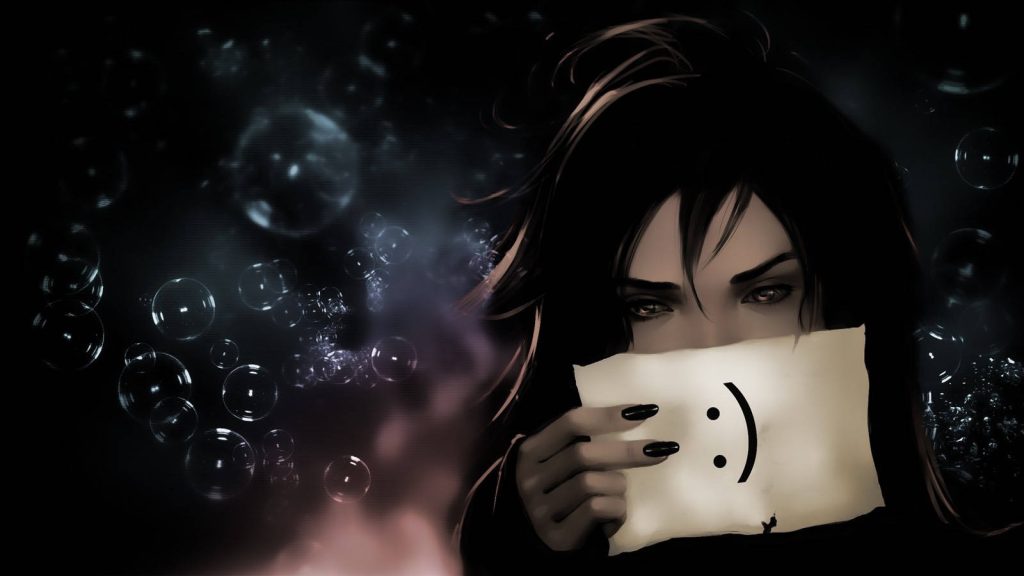 Ruby Rose RWBY digital art moody anime wallpaper sad eyes holding smiley face paper bubbles background