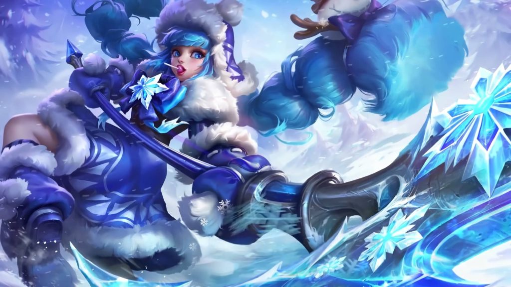 Mobile Legends Ruby in festive winter outfit with glowing ice scythe snowy blue wallpaper