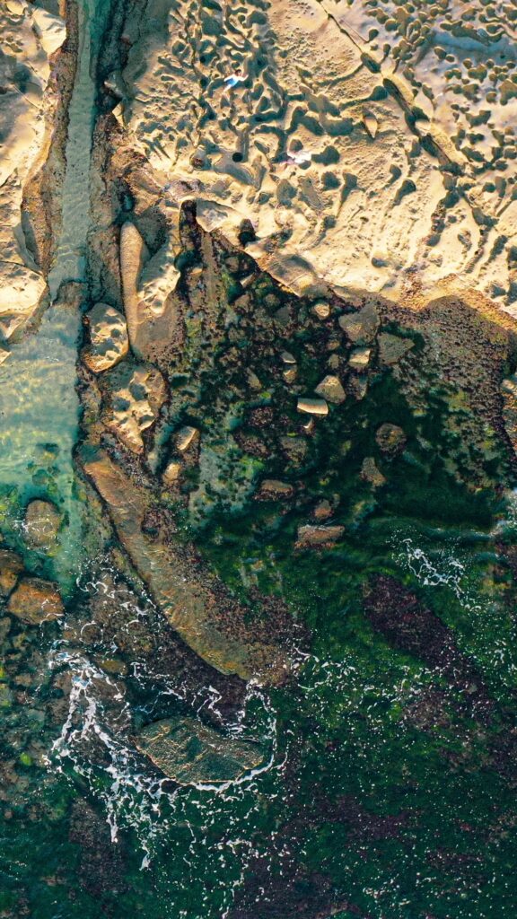 Aerial view of rugged coastline with textured rocks waves and mossy green shore background Wallpaper