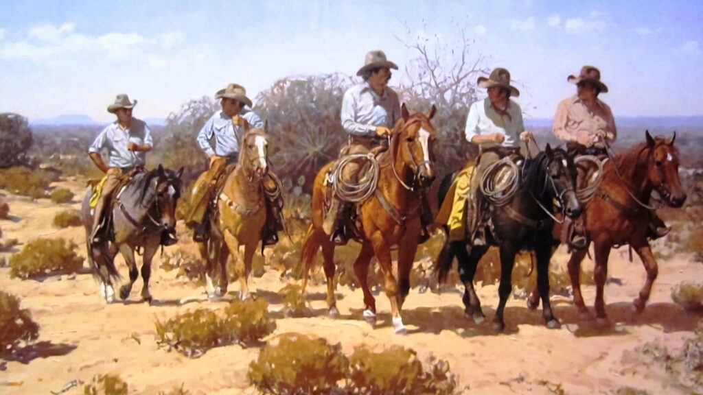 Rugged cowboys riding horses at sunset across sunlit desert plains Wild West adventure wallpaper