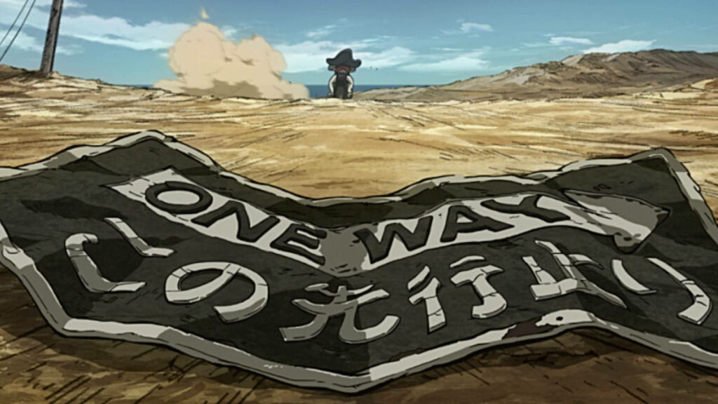 Rugged Megalo Box Wallpaper: Dusty Landscape & Weathered One Way Sign