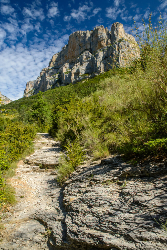 Rugged mountain cliffs with winding stone path and lush green grass under blue sky wallpaper