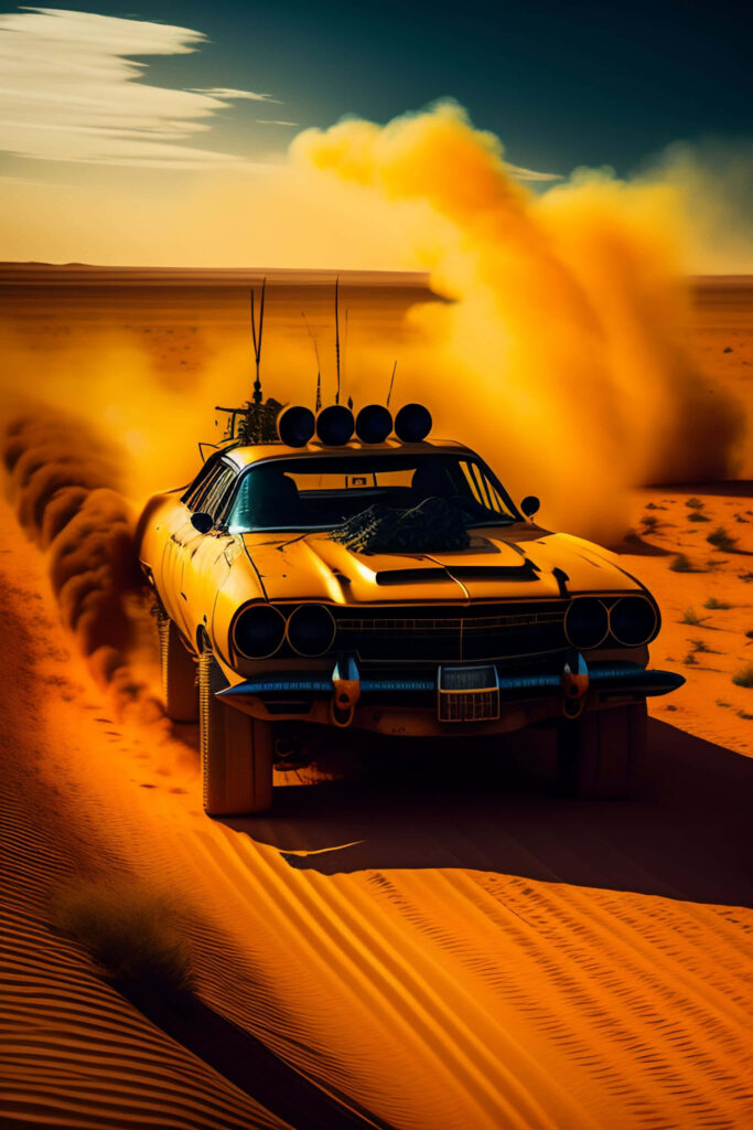 Rugged muscle car speeds through sunlit desert kicking orange dust cloud post apocalyptic vibe Wallpaper