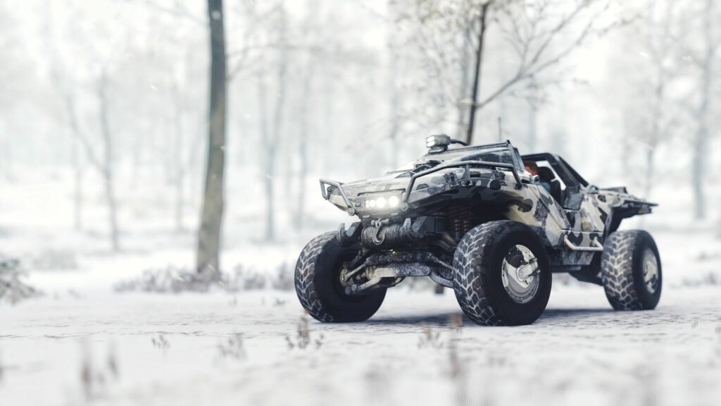 Warthog Car Racing in Snowy Landscape - Dynamic Winter Adventure Wallpaper