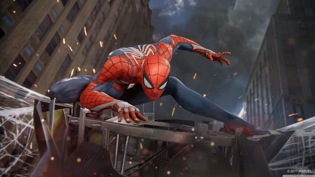 Chaos Unleashed: Marvel's Spiderman Superheroes Battling Amidst the Ruins - Striking 4K Marvel Background Capture Wallpaper