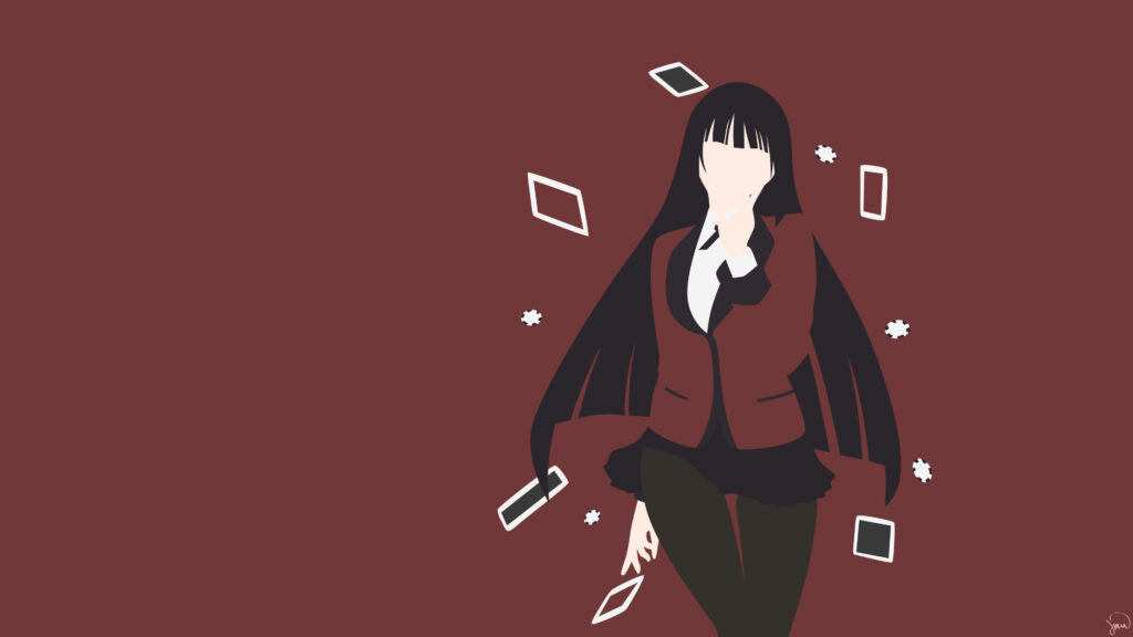 Yumeko Jabami Anime Character in Black School Uniform Gambling Theme Portrait on Red Background Wallpaper