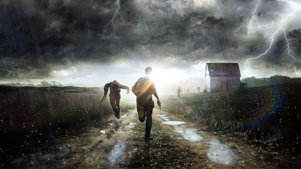 The Pursuit of Freedom: Dynamic Duo Races Along a Serene Trail Amidst Mysterious Skies Wallpaper
