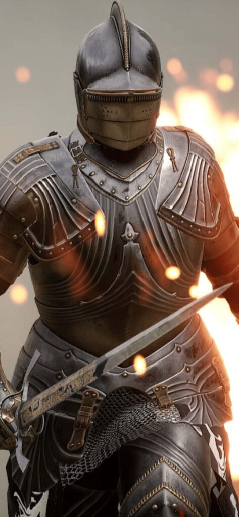 The Fiery Pursuit: A Majestic Mordhau Knight in Full Armor Captured in a Epic Wall Art Portrait Wallpaper