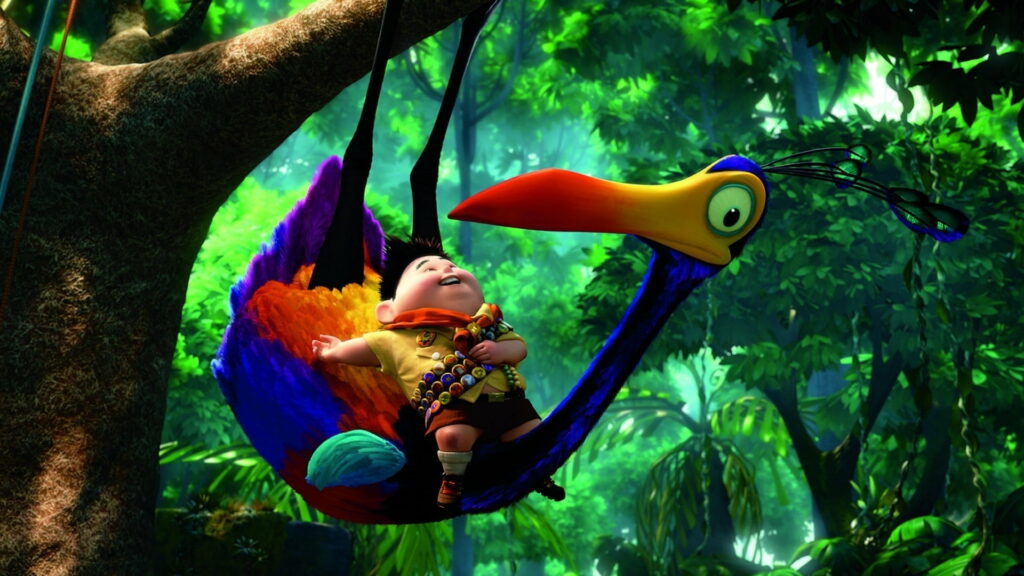 Russell and Kevin from Disney Pixar Up in lush forest friendship 3D CGI wallpaper background