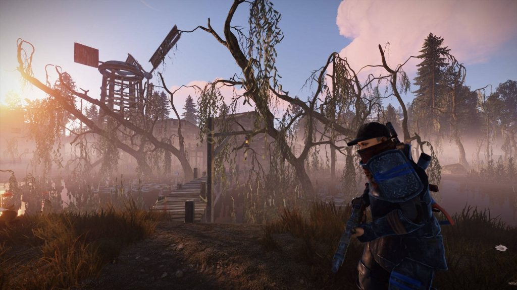 Rust roadsign armor player surveys foggy marsh golden hour windmill dock wallpaper background