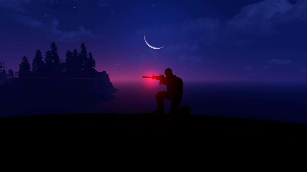 Rust game wallpaper silhouetted player aiming rifle on coastal cliff under crescent moon night sky