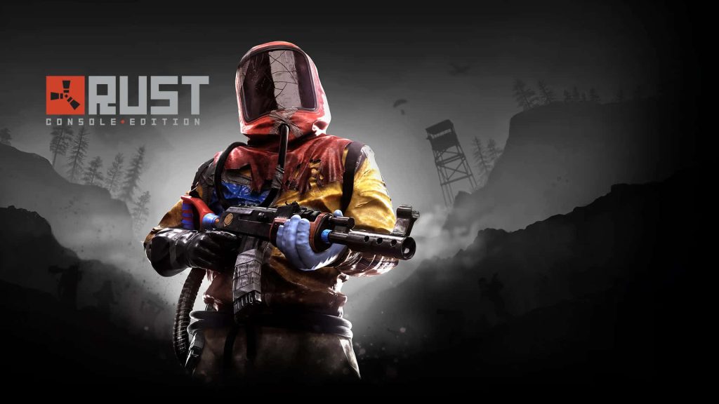 Rust Console Edition wallpaper survivor in yellow Hazmat suit with rifle and watchtower background