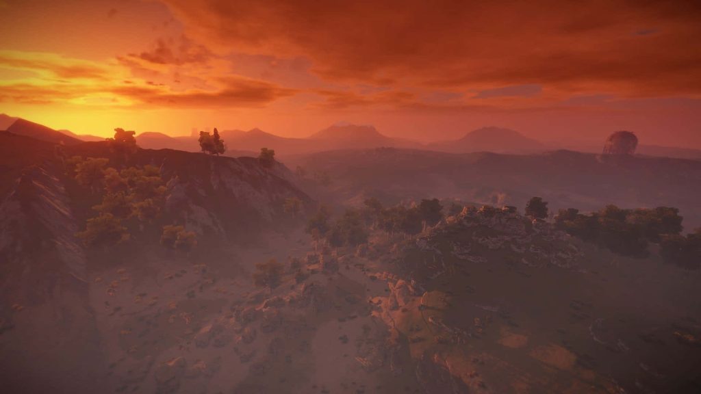 Rust Dome monument silhouette at fiery sunset post-apocalyptic survival game wallpaper