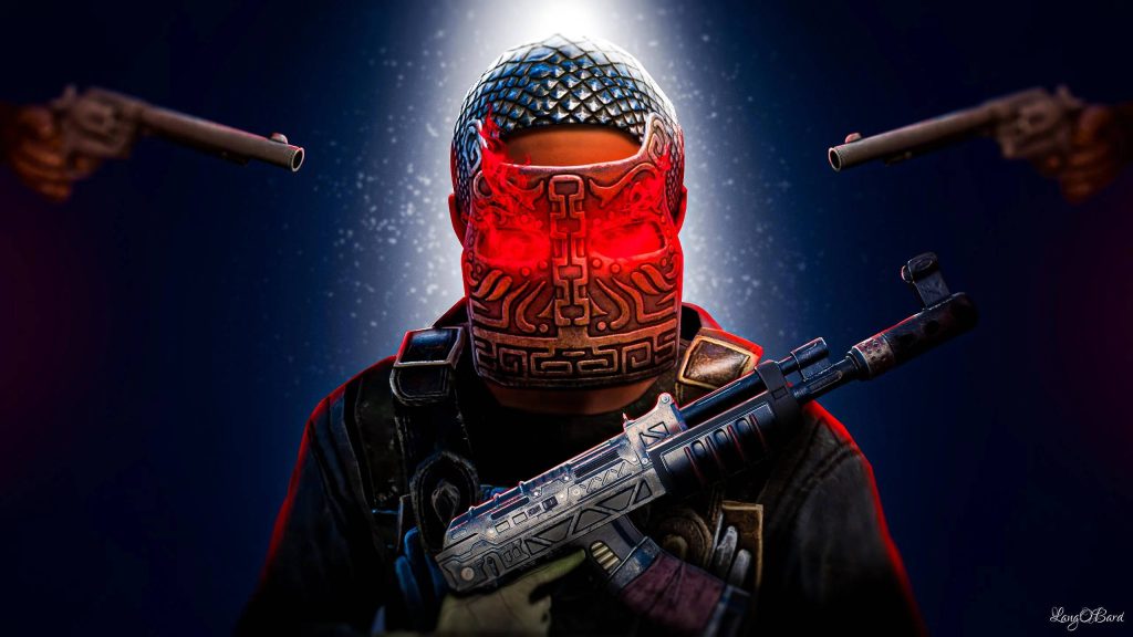 Rust CGI wallpaper intense character glowing red metal facemask tactical assault rifle handguns