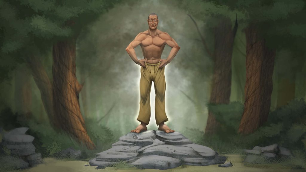 Rust game shirtless muscular character on rock in foggy forest with glowing aura wallpaper