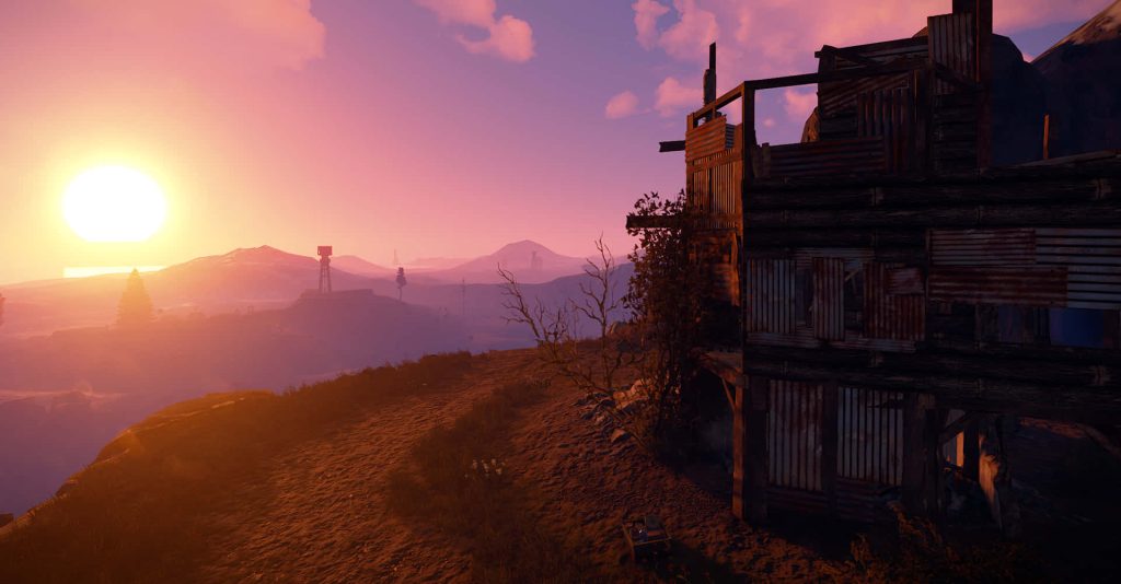 Rust game wallpaper cliff base sunset vibrant post apocalyptic survivalist digital art background