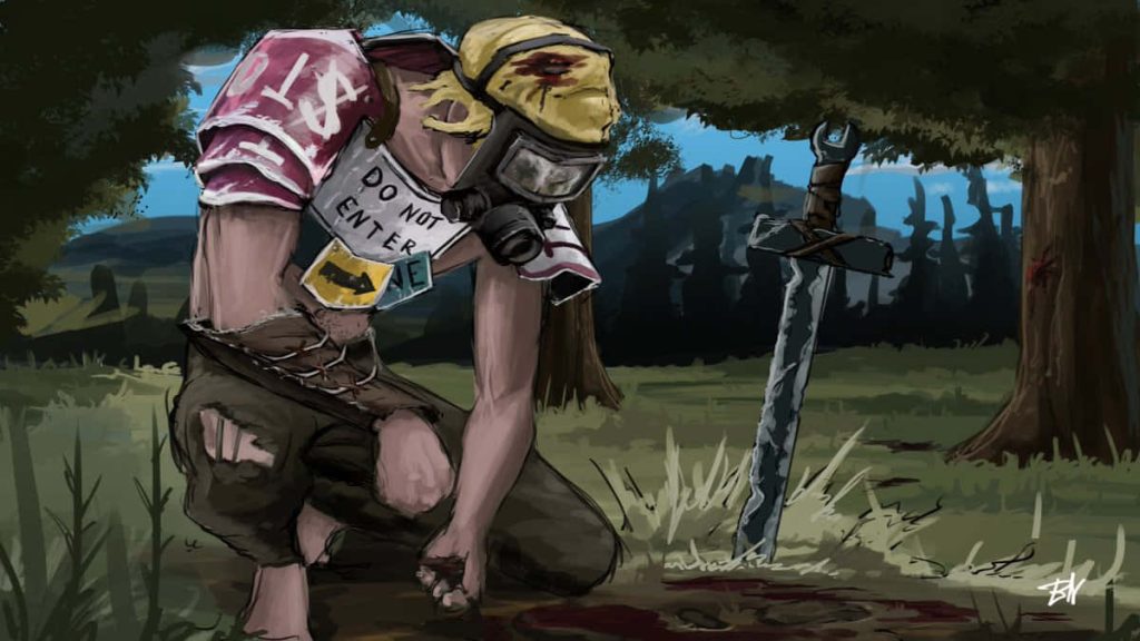 Rust game survivalist in gas mask kneeling with sword near do not enter sign forest wallpaper