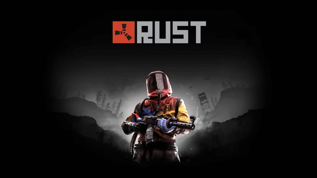Rust game wallpaper gritty survivor in yellow hazmat suit with assault rifle on dark island