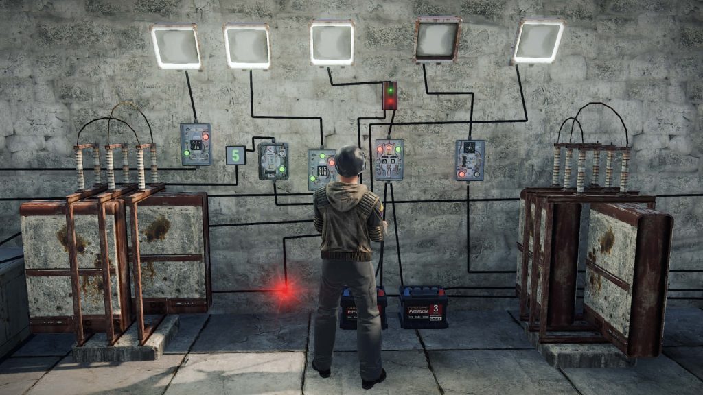 Rust player builds electrical circuits with transformers and switches in an industrial base setting Wallpaper