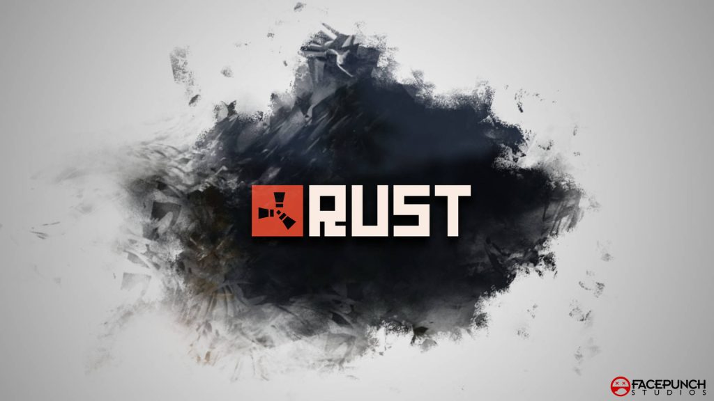 Rust game wallpaper with red white logo black ink explosion grey background Facepunch Studios