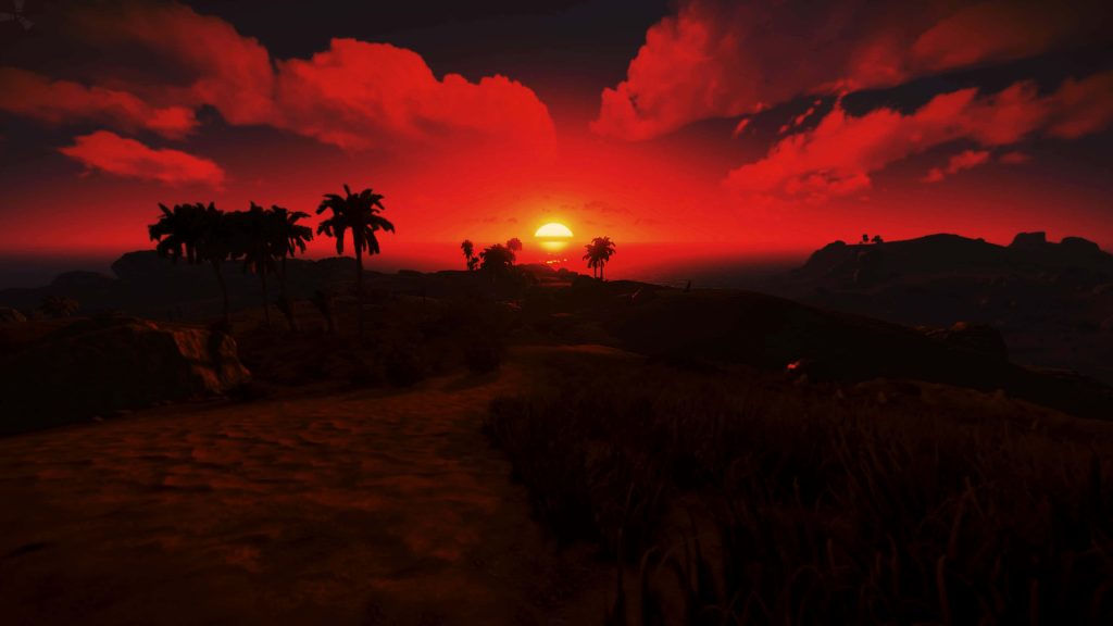 Rust game wallpaper vivid red sunset palm tree silhouettes rugged island survival landscape