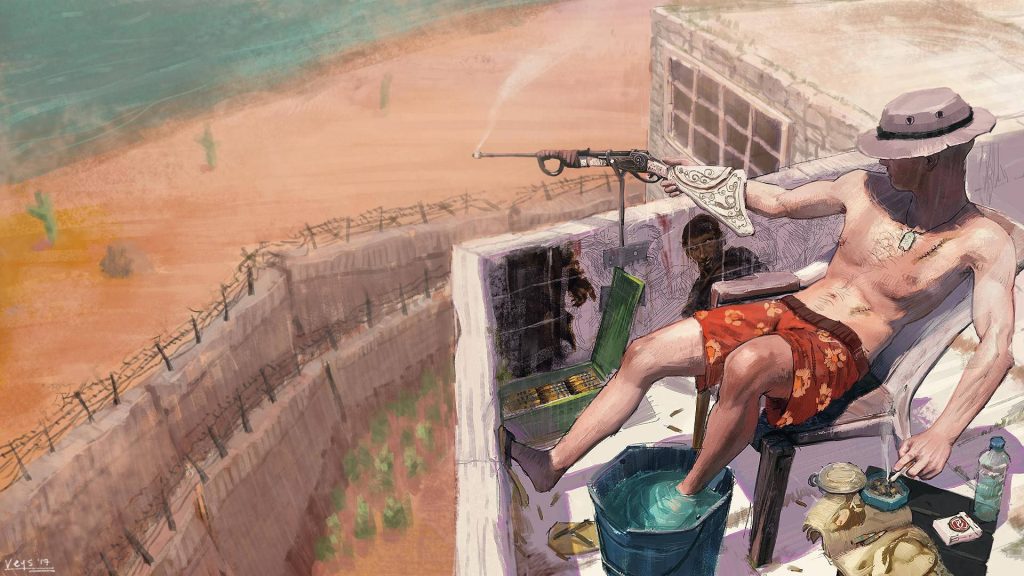 Rust game wallpaper roof camper relaxing with rifle overlooking desert compound survival art
