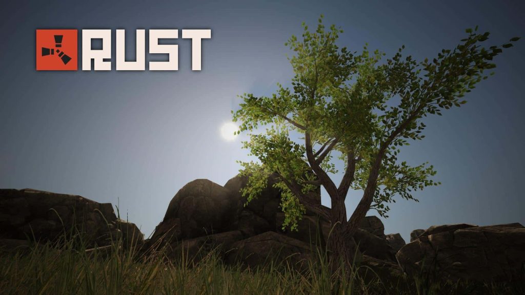 Rust game wallpaper with iconic logo lush tree rocks and grass under bright sunlit sky