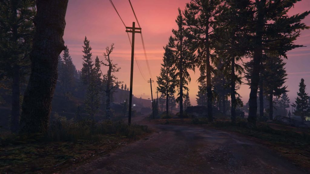 Rust game wallpaper dirt road through pine forest at sunset with realistic CGI lighting