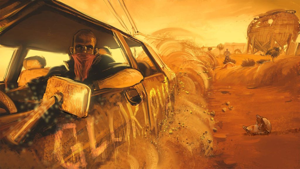 Rust game wallpaper survivor driving car dusty desert sunset post-apocalyptic industrial landscape