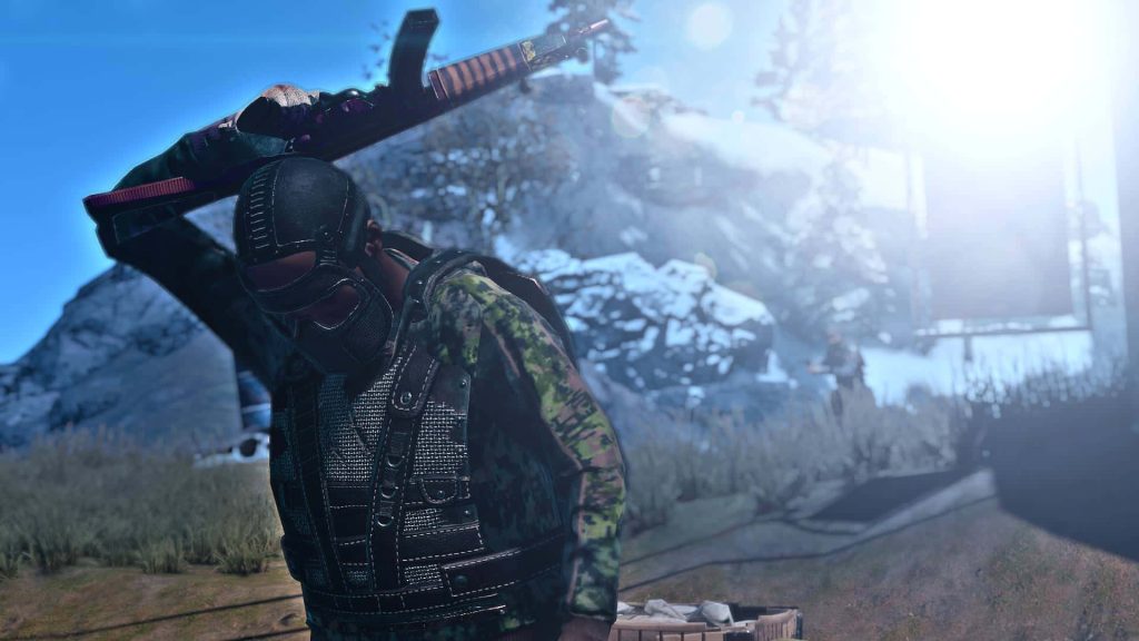 Rust survivor in tactical road sign armor with assault rifle snowy mountain wallpaper background