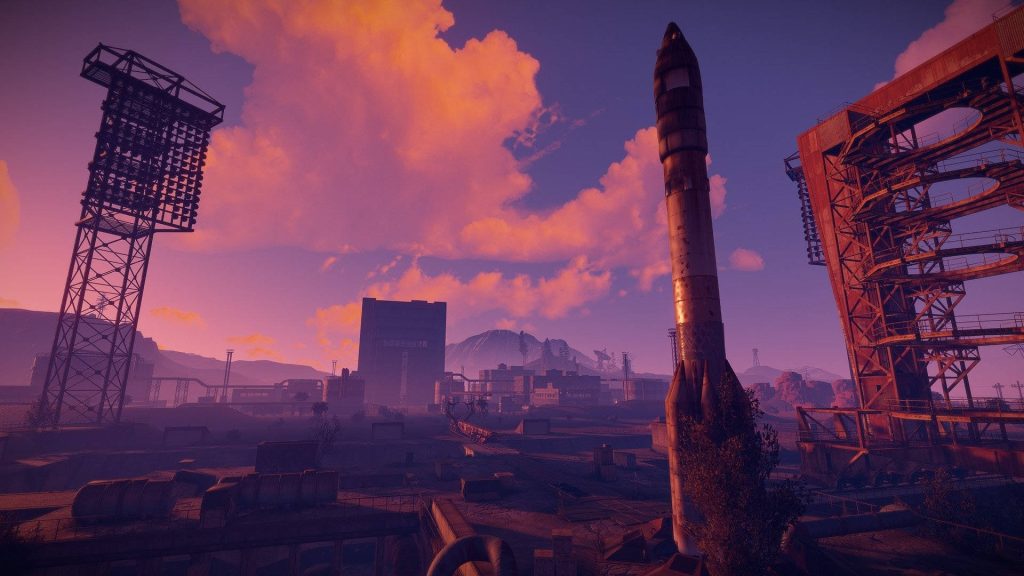 Rust game wallpaper Launch Site rocket sunset purple orange industrial desert background