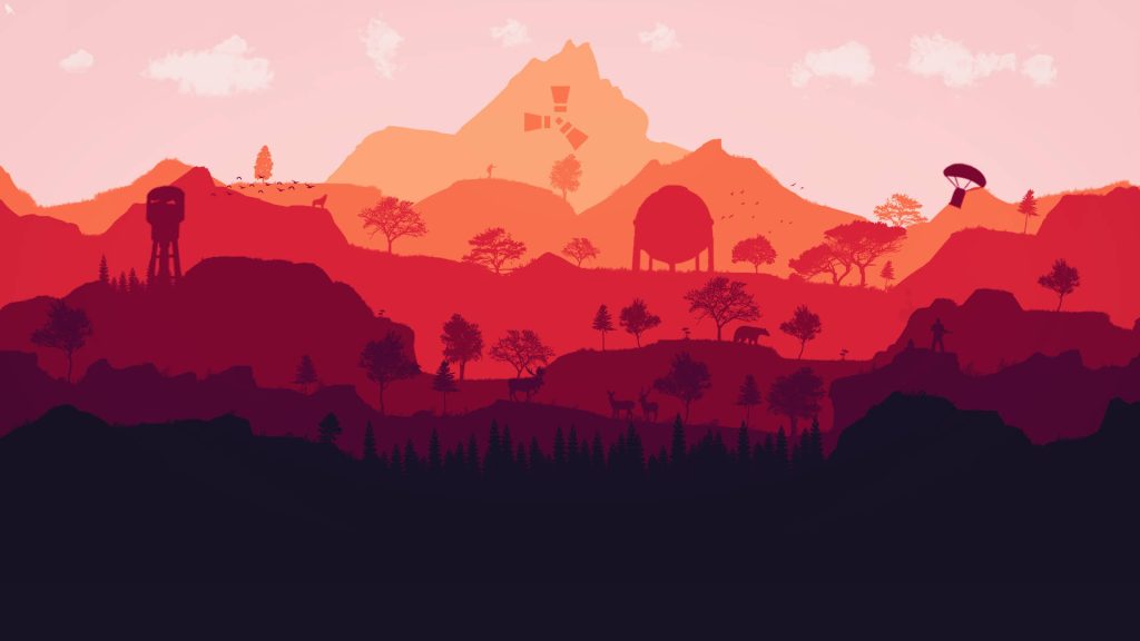 Rust game wallpaper with red orange sunset silhouettes of logo monuments wildlife parachute