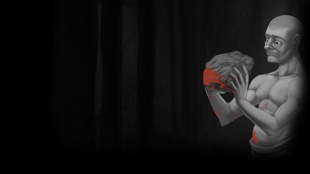 Rust minimalist wallpaper featuring default player with blood-stained rock and dark background