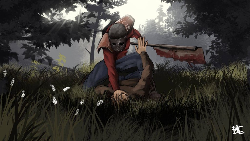Rust raider with stop sign mask and bloody cleaver in forest survival game digital art wallpaper