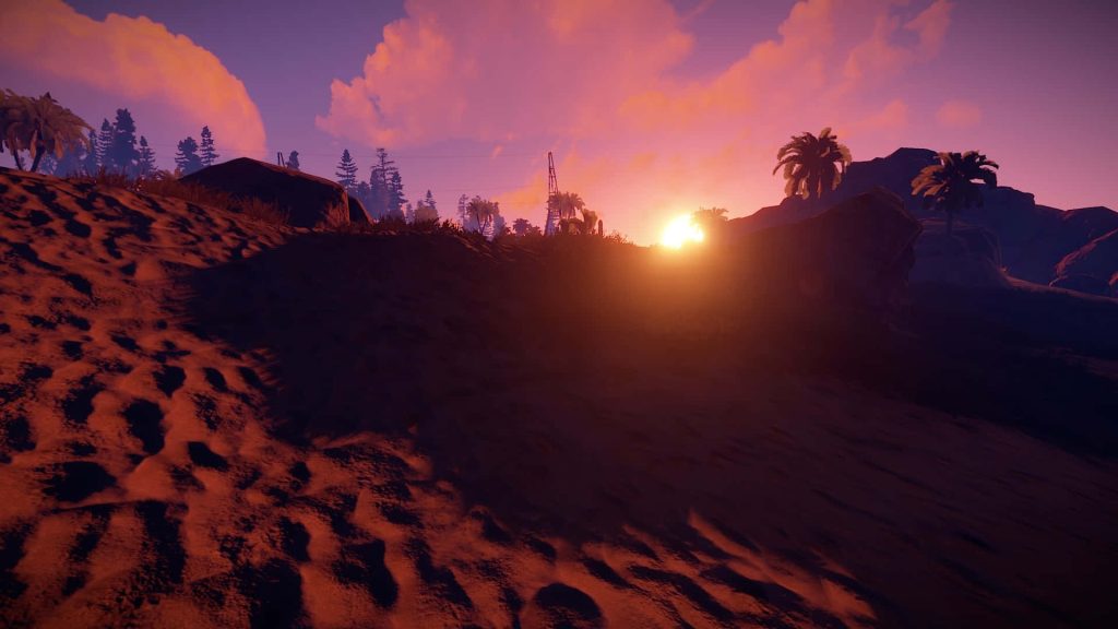 Rust sunset landscape with sandy dunes palm trees and distant mining rig silhouette wallpaper